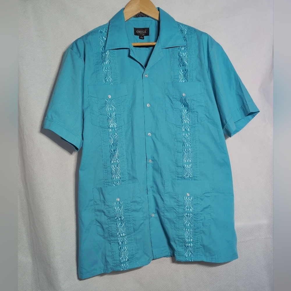 Omega Italy Teal Embroidered Guayabera Sz L Casual Shirt